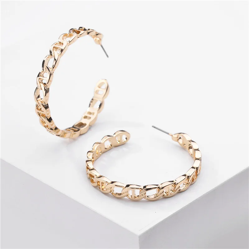 

2021 Hotsale Hyperbole Circle C Earrings Statement Real Gold Color Metal Geometric Hollow Cross Chain Hoop Earrings