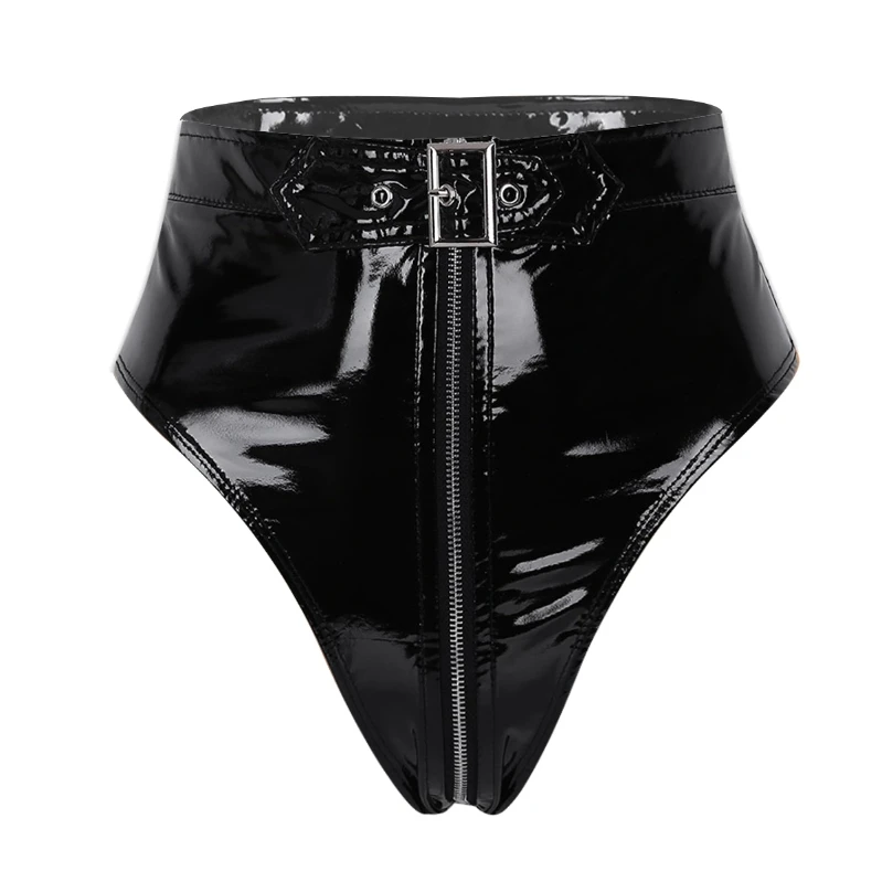 

2021 Women PVC Underwear Black Plus Size High Cut Front Zipper Panties Briefs With Belt For Women