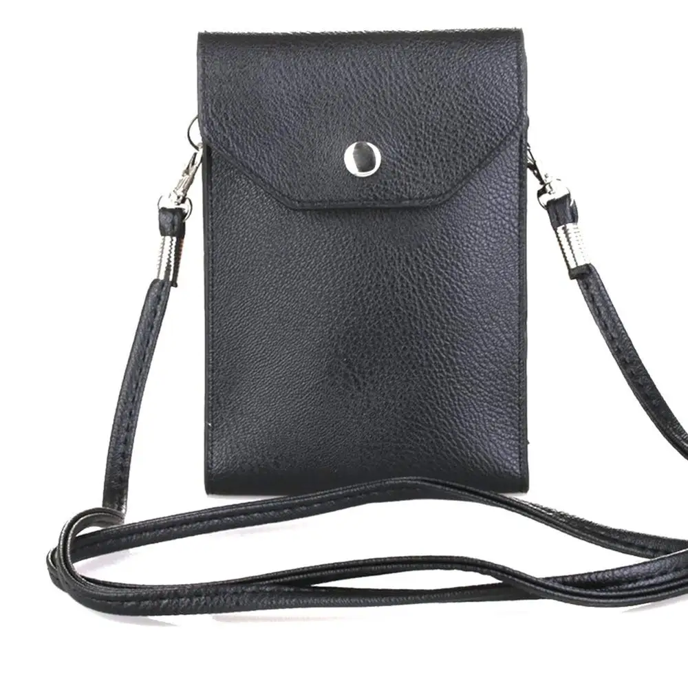 

PU Leather 2 Layers Vertical Cellphone Pouch Bag With Shoulder Strap And Magnetic Button, Black,customized color
