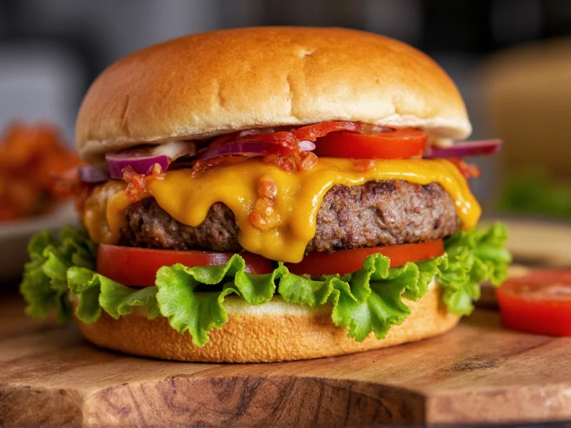 Finished homemade burger with melted cheese and toppings