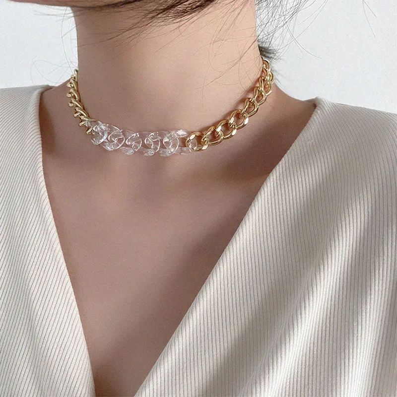 

Transparent Acrylic Thick Chain Choker Necklace Punk Rock Style Metal Stitching Clavicle Chain Collares Necklace Women