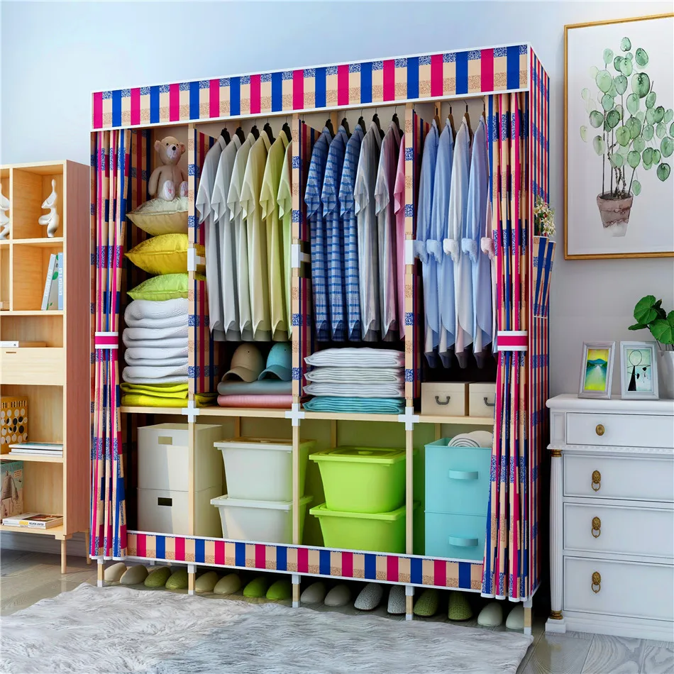 批发diy 牛津布实木便携式衣柜 gridding 图案