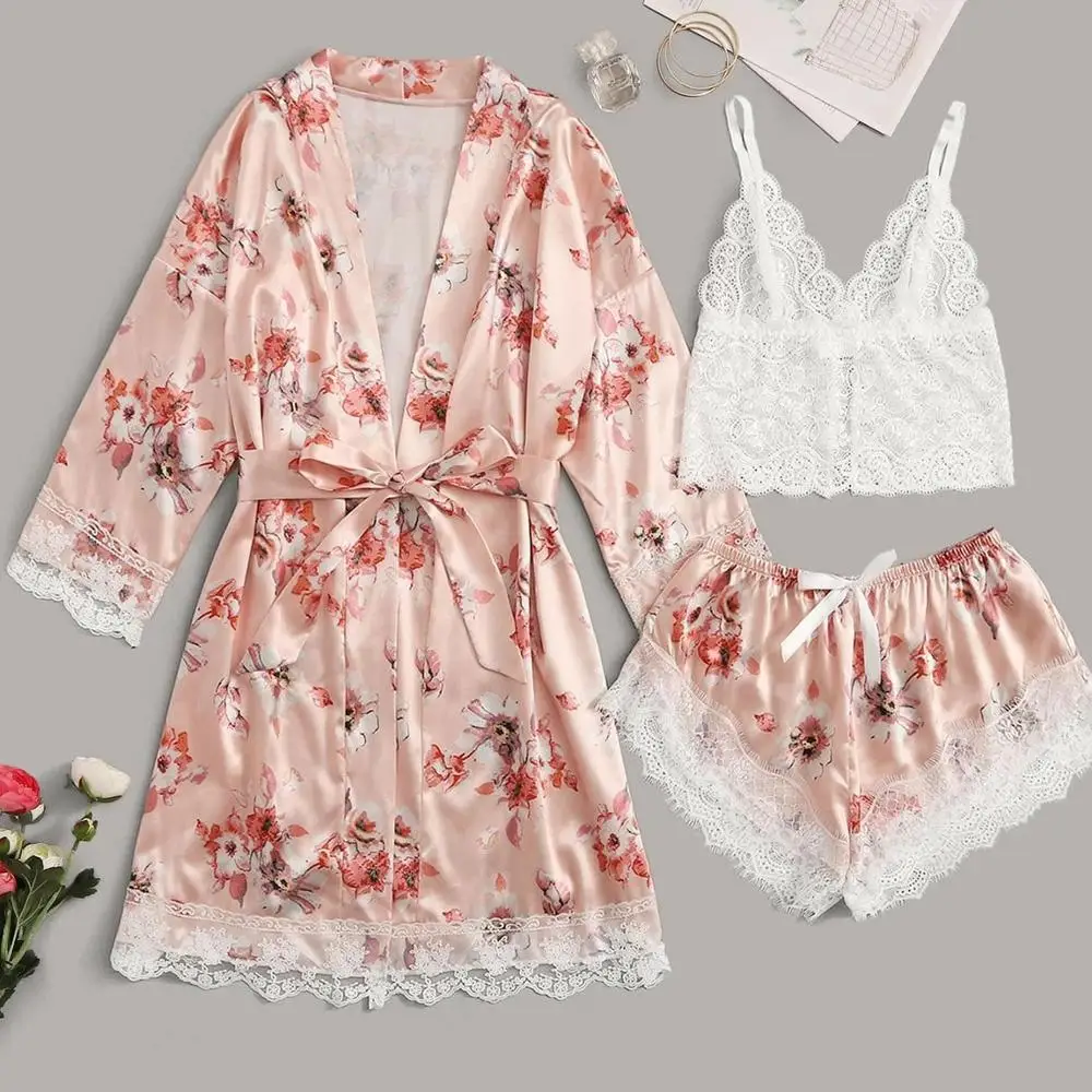 

Women Floral Lace Kimono Lady Sexy Bathrobe Set Bride Bridesmaid Wedding Robe Dress Gown Sexy Nightgown Sleepwear Night Suit