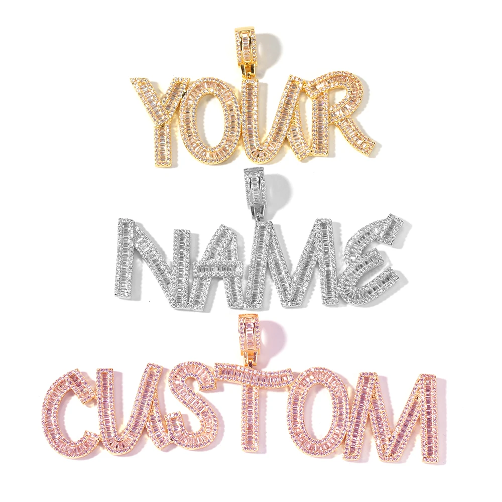 

Custom Name HipHop Jewelry 26 Iced Out Diamond Cursive Baguette Letter Name Bling Pendant Necklace, Gold/silver/pink