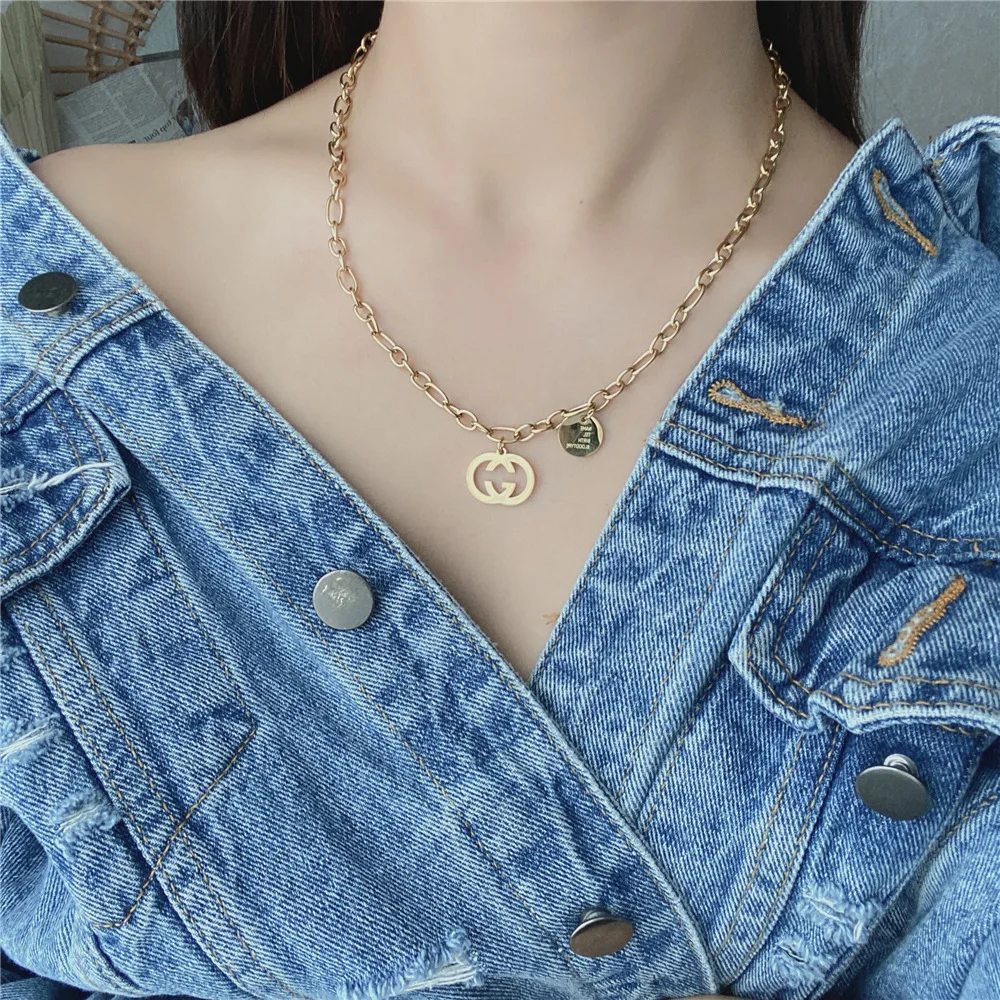 

Simple Fashion Versatile Tassel Necklace Stainless Steel Circle Letter Necklace For Women Girl's Gift, Gold