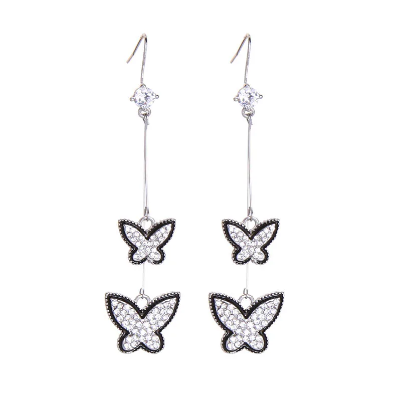 

f0023 Latest Fashion Jewelry Dangle Drop Long Korean Fancy Rhodium Silver Crystal Rhinestone Butterfly Earrings Women