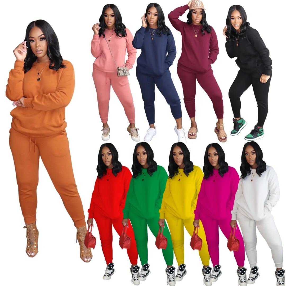 

O Neck Two Piece Set Women's Solid Color Solid Color Jogging Sexy Bodycon Pockets 2 piece pants set ladies sweat suits
