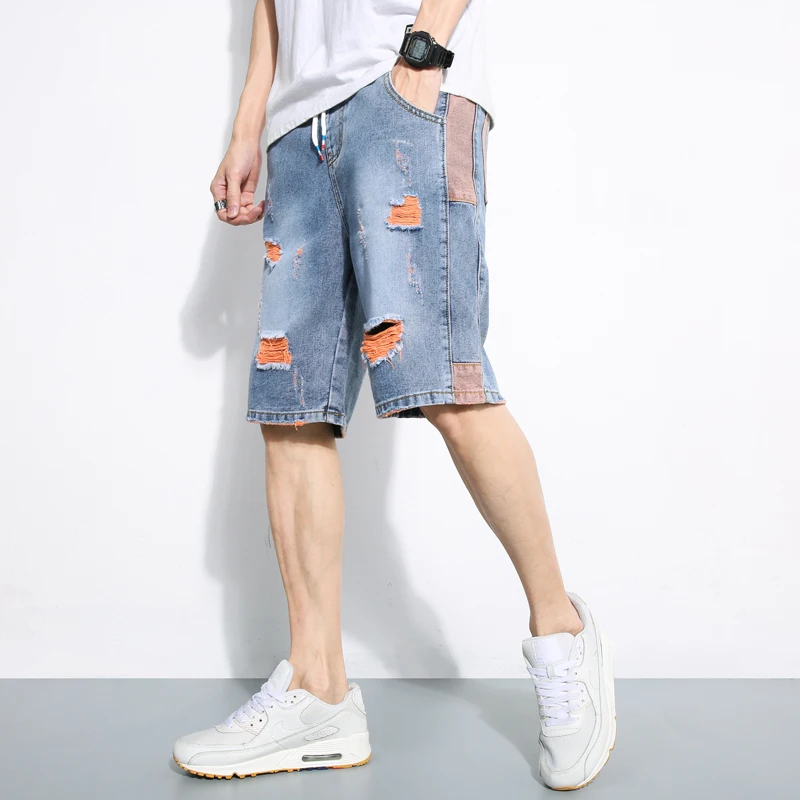 

Men's Denim Ripped Shorts Summer Contrast Destroyed Hole Straight Drawstring Jeans Shorts For Men, As picture, or customized color