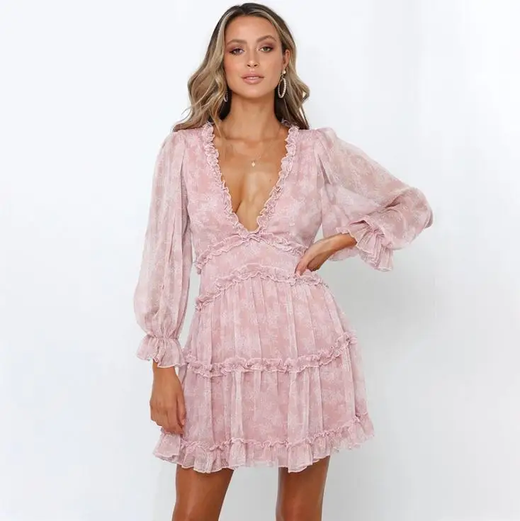 

Women Boho Fashion Summer A-line V-neck Long Sleeves Casual Dress Floral Mini Bohemian Sexy Dress Ladies, Picture color