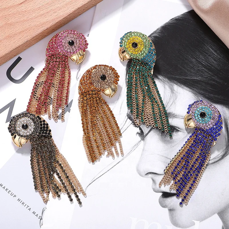 

Fashion Women Gold Crystal Rhinestones Diamonds Tassels Woodpecker Bird parrot Animal Earring for Girls, As pictures