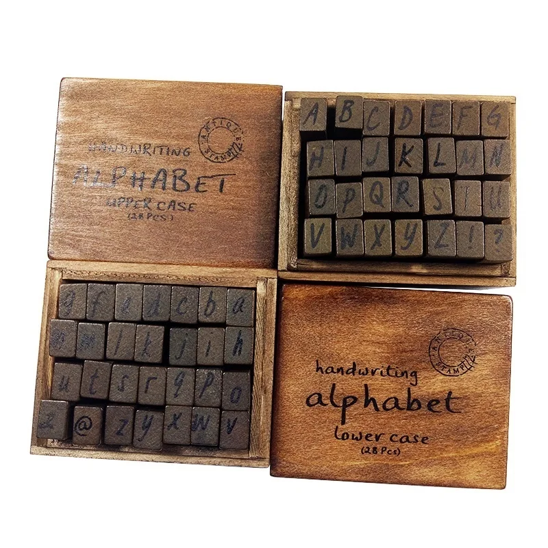 

28 Pcs/set Vintage Handwriting Lowercase Wooden Stamp Uppercase Alphabet Letter Decoration Wood Rubber Stamps Set Wooden Box
