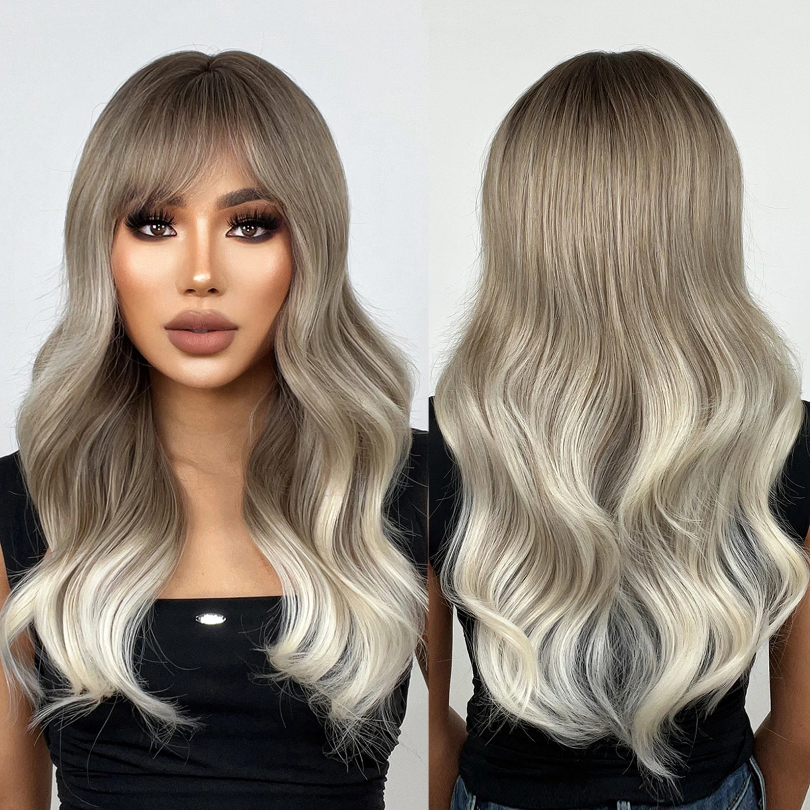 Factory Wholesale Price Long Wavy Ombre Brown Gray White Synthetic Wig Natural Wave Hair Wig for Women Heat Resistant