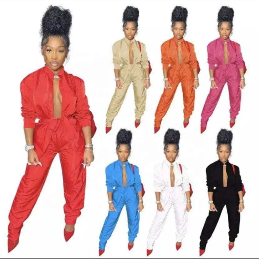 

Women's two-piece fashion street trend sexy reflective stretch fabric long sleeve V neckline sportswear, Black/pink/blue/orange