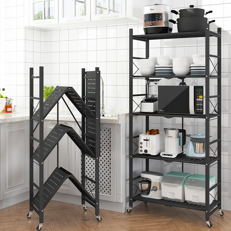 

Carbon steel kitchen shelf floor-standing multi-layer foldable kitchen rack organizer multifunctional storage holders & racks, White black