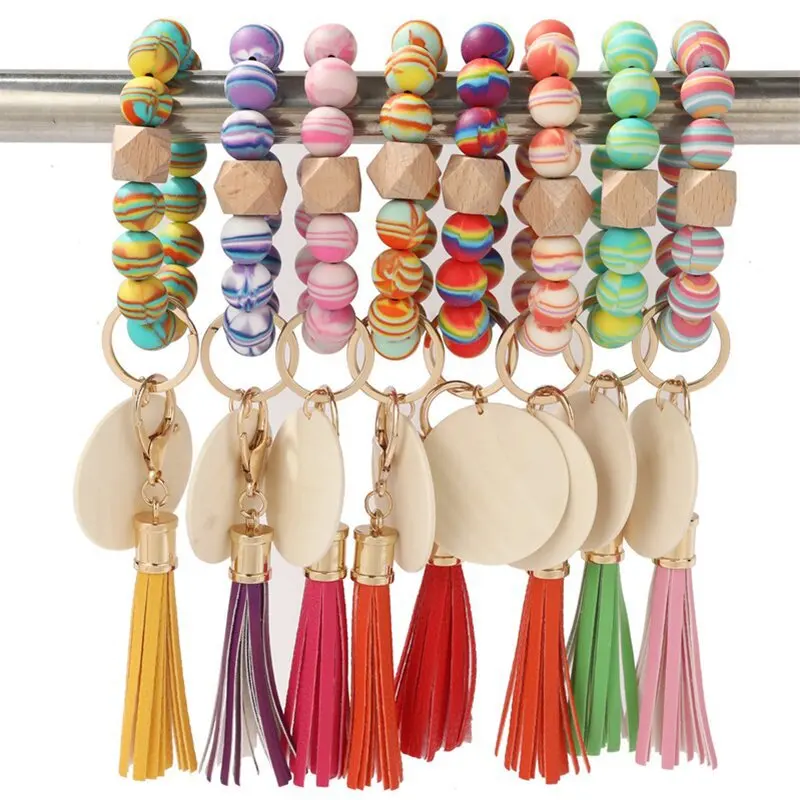 

Pendant Bag Accessories Rainbow Fringe Wrist Key Ring Keychains Leopard Grain Tassel Hand Beaded Bracelets Wood Bead Bracelet