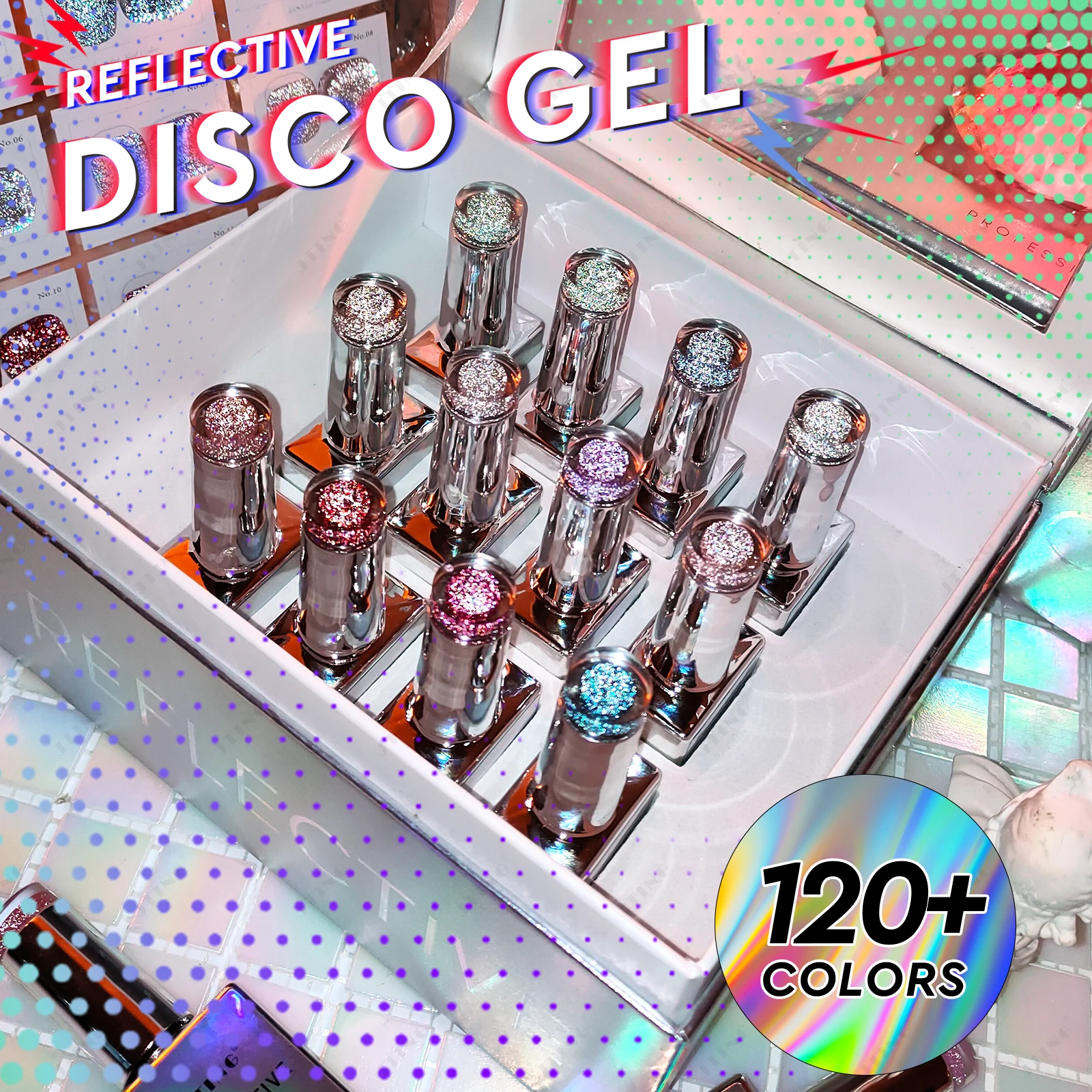 

JTING Hot Popular 12colors reflective disco gel polish collection Unique Laser set box OEM gel nail polish supplies