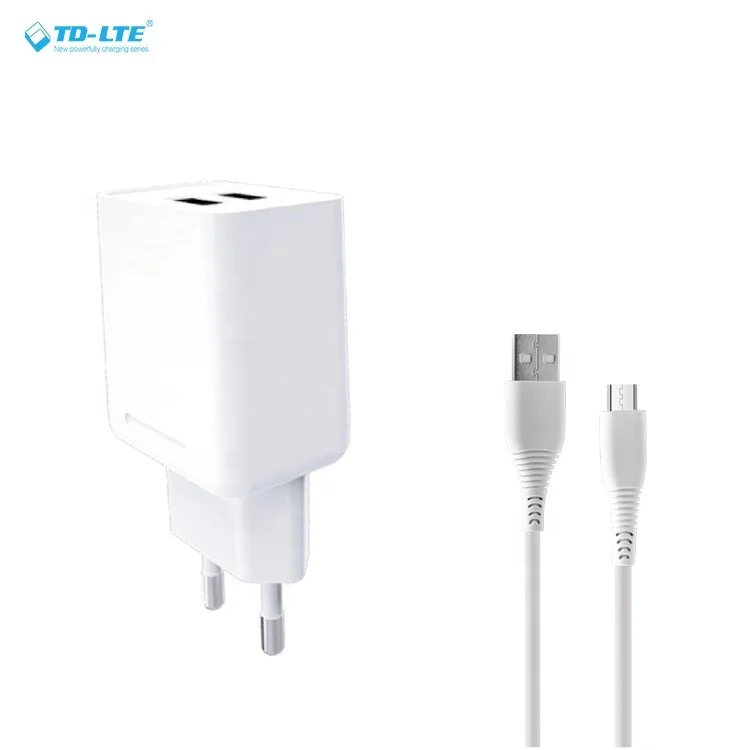 

CE certification Universal 5V 2.1A mobile Wall Socket Dual USB Fast Travel Charger with V8 USB cable, White black