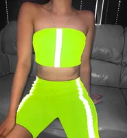 

Reflective Side Striped Women Two Piece Set Neon Tube Top Short Pants Playsuit Women Biker Shorts