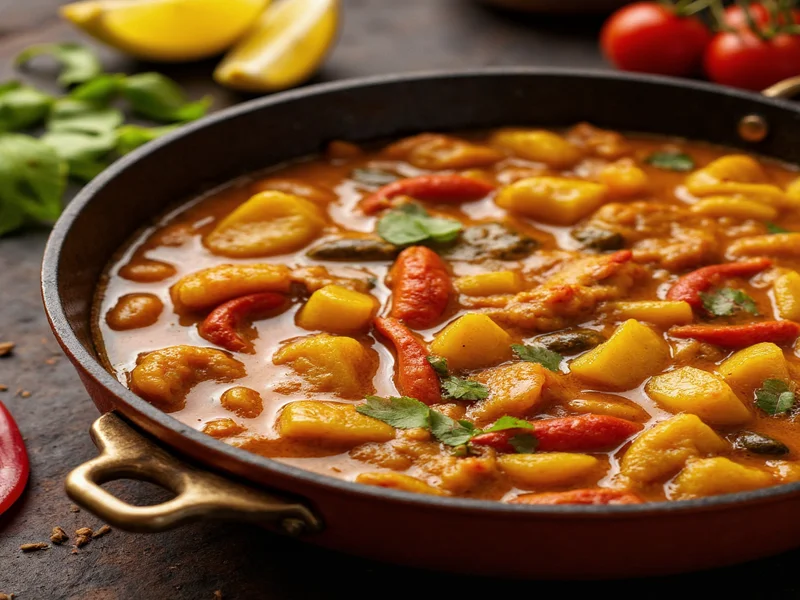 Homemade curry simmering in cast iron pot with fresh spices