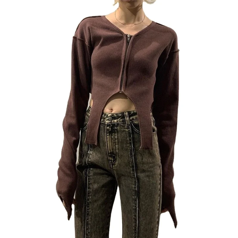 

New ins net red street irregular V-neck zipper solid slim long sleeve T-shirt women