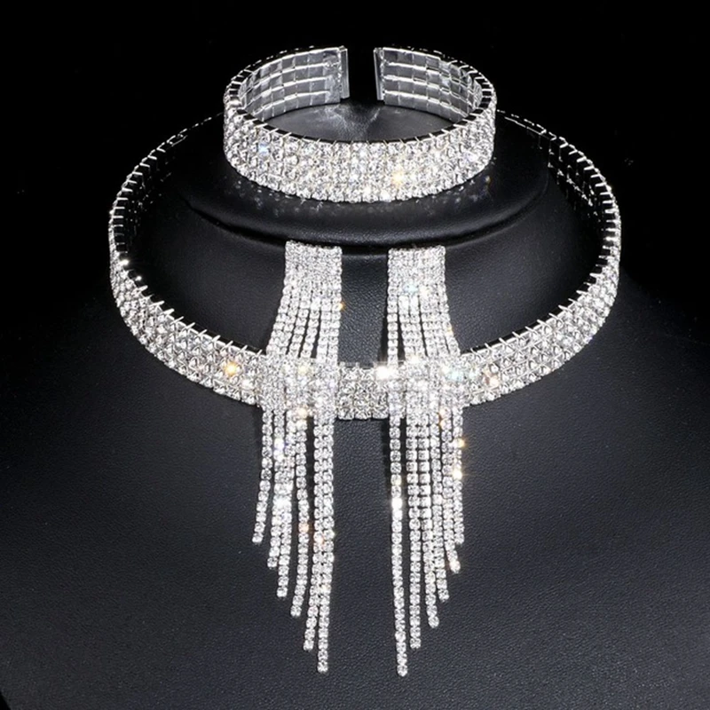 

Classic Elegant Tassel Crystal Bridal Jewelry Sets African Rhinestone Wedding Necklace Earrings Bracelet Sets, As picture