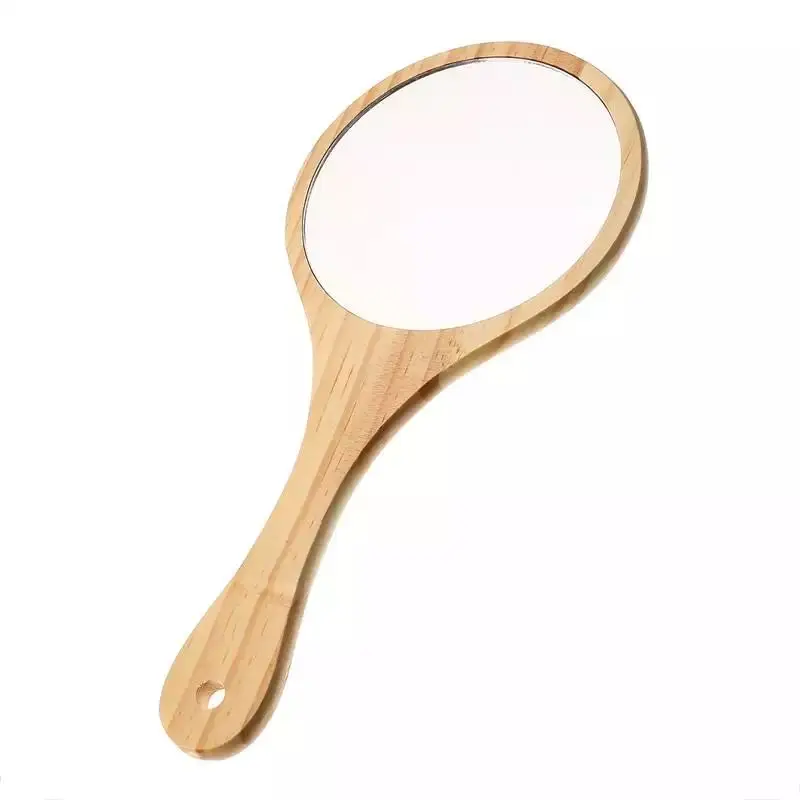 

Wholesale new design small luxury long handle bamboo frame makeup wooden mirror