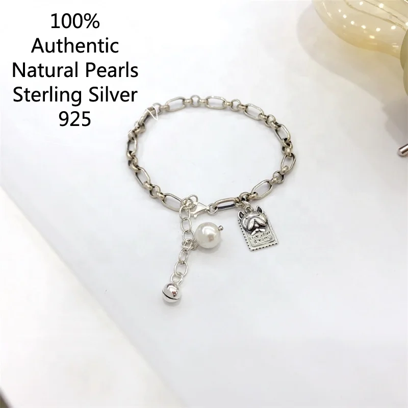 

Korean designer Girl's S925 Vintage Silver Carton Dog Pearl Tassel Bangle Ins pulseras de plata de ley 925 mujer Charm Bracelets