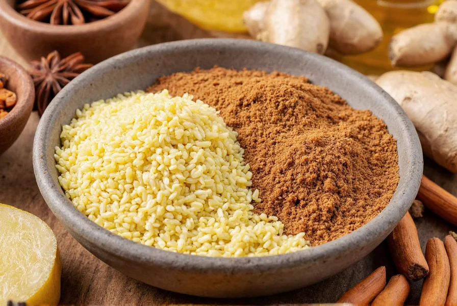 Assortment of ginger varieties including young ginger, mature ginger, and dried ginger powder with measuring spoons