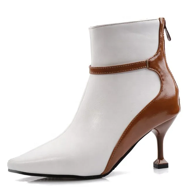 

Women Sexy Thin Kitten Heel Ankle Boots Pointed Toe Booties Patchwork Heels Size 4-15 US Dress Short Boots, Black white