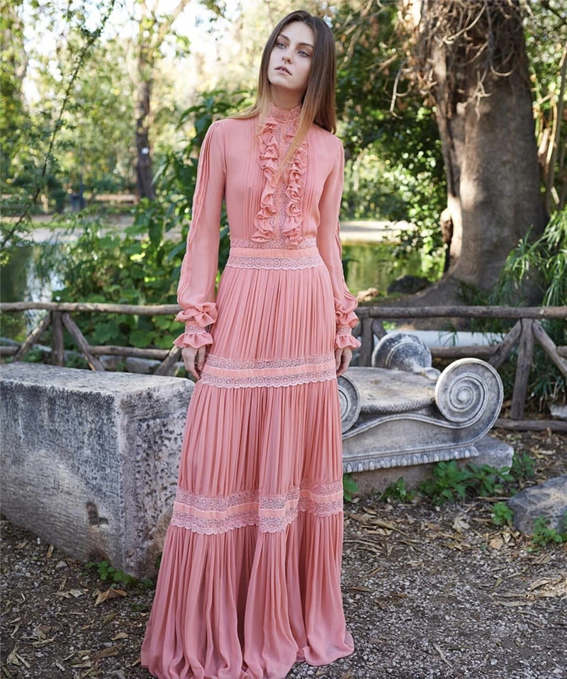 

2020 Spring New Style long dress with stand collar long sleeve maxi dress with high waist women long pleated dress