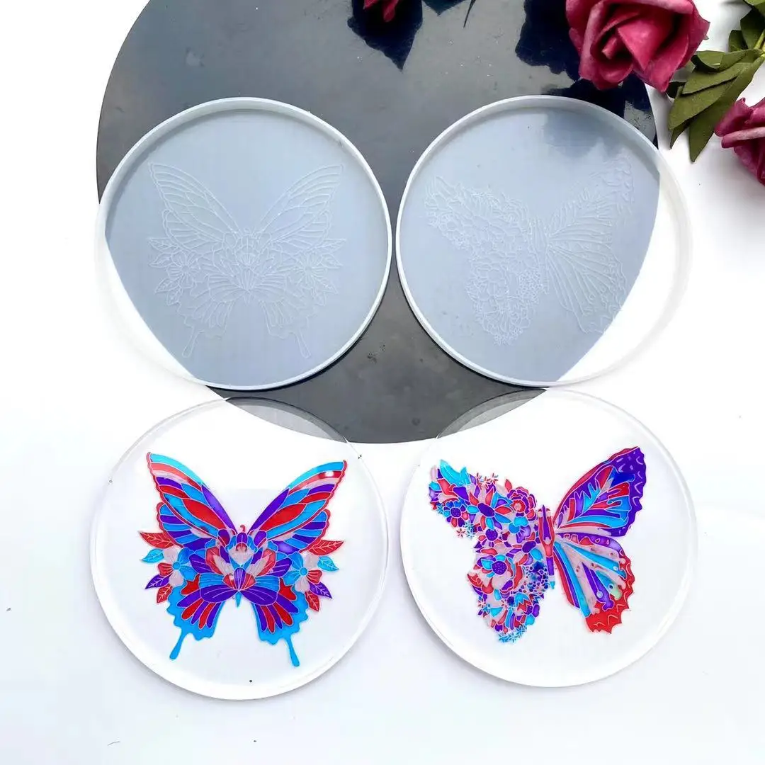 

W077 New product crystal epoxy round butterfly coaster silicone mold, As picture
