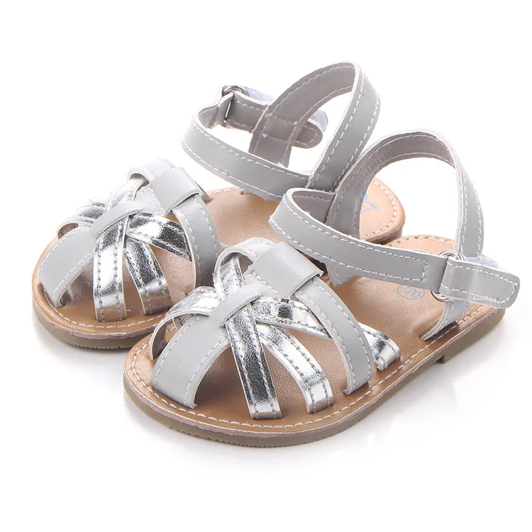 

New Collection Summer Non Skid Baby Girl Sandal Shoes Hook&Loop Fastener First Walking Shoes, Silver