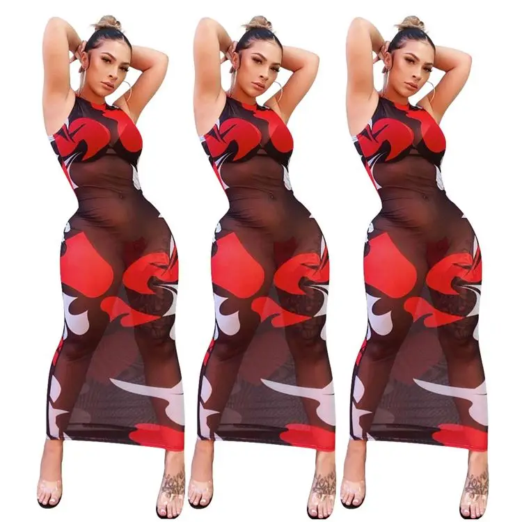 

Good Price MOEN Mesh Perspective Vestidos largos Popular Lady Clothes Sexy Women Long Maxi Dresses 2021 Casual Dress