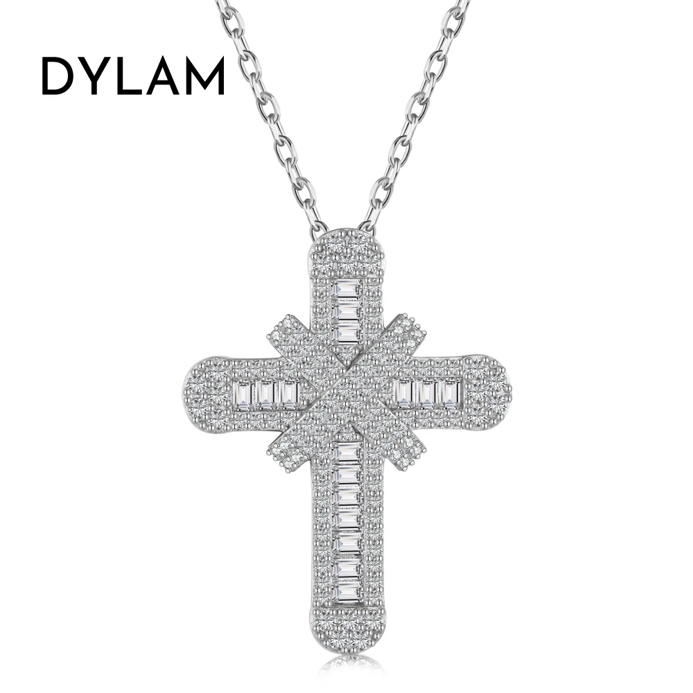 Dylam Rhodium Plated Sterling Silver 5A Cubic Zirconia CZ Simulated Diamond Cross Crucifix Pendant Necklace Jewelry for Women