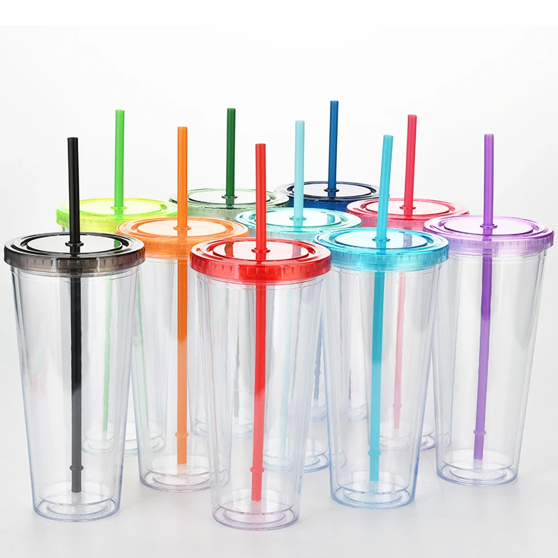 

2021 Colorful lid 24oz Clear Skinny plastic water bottle Tumbler Cups Double Wall Transparent cup portable drinking cup