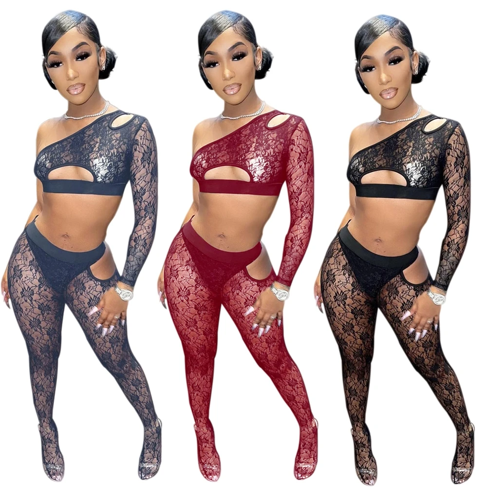 

MD-20041907 2021 Women Two Piece Lace Clubwear Tank Top Pant Sets Women See Through 2 Piece Matching Set