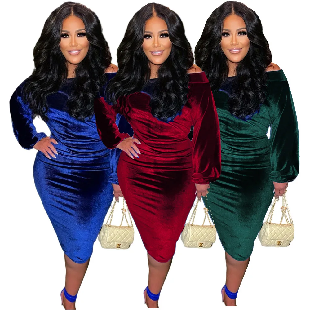 

Plus Size Women Clothing Winter Off Shoulder Long Sleeve High Waist Velvet Pencil Party Evening Dresses, Picture color