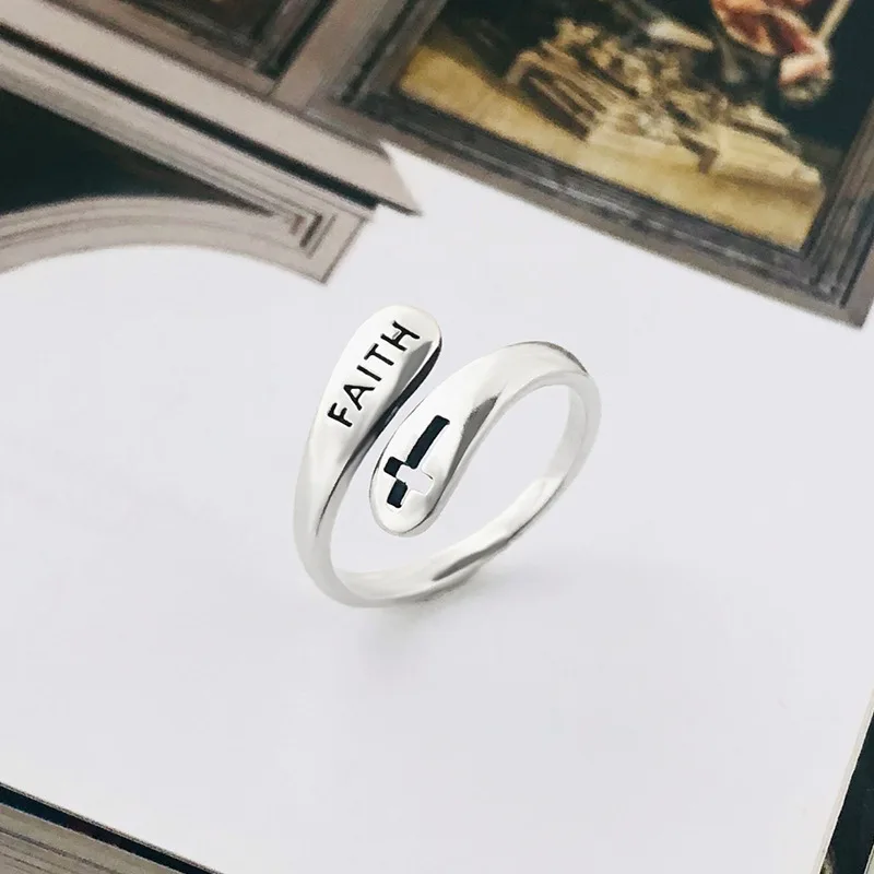 

VIANRLA 925 sterling silver statement hollow cross ring with "faith" word silver plated ring