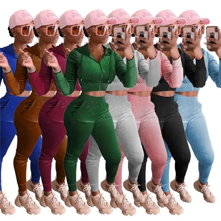 

Ladies Solid Long Sleeve Hoodie Sweatshirt And Pants Velvet Cozy Outfit Fall Women Two Piece Set, Picture