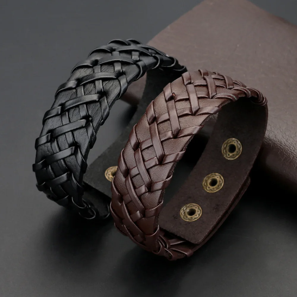 

Wide Adjustable Black Brown Leather Cuff Wrap Bracelet Braided Leather Bracelet For Men Men's Gifts