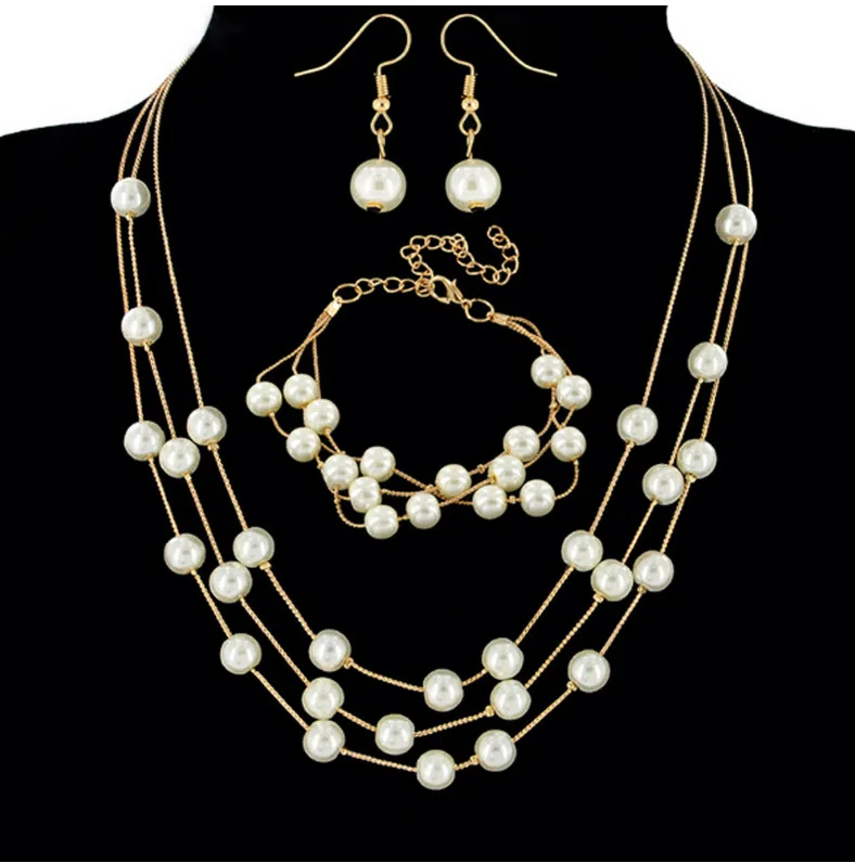 

Fashion pearls jewelry sets Three layer pearls Necklace earrings and bracelet set CM9341