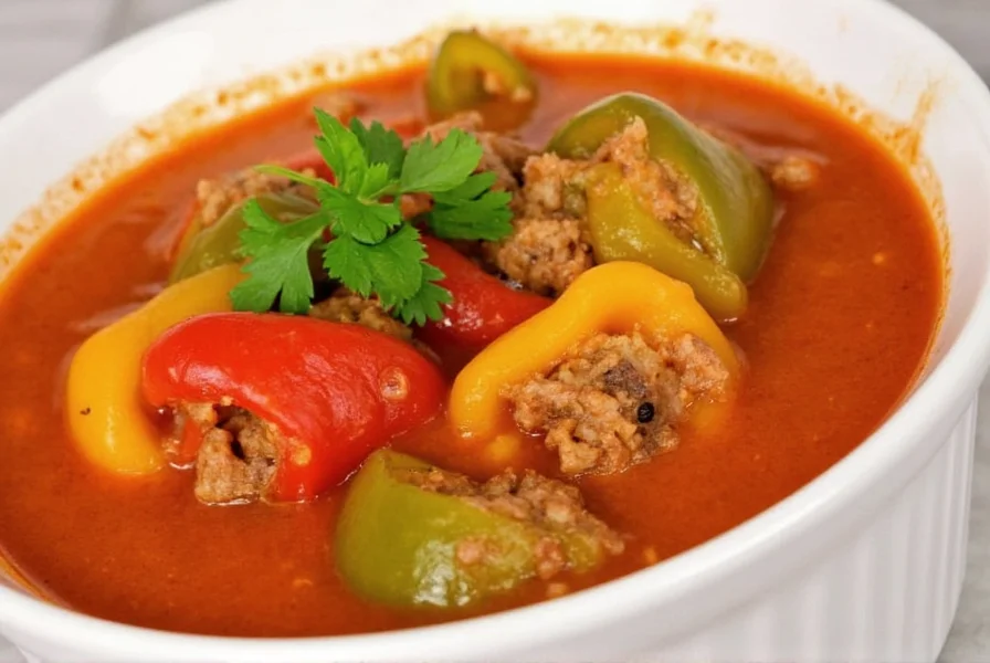 Close-up of crock pot stuffed pepper soup in a white bowl with fresh parsley garnish, showing the colorful bell peppers and hearty texture