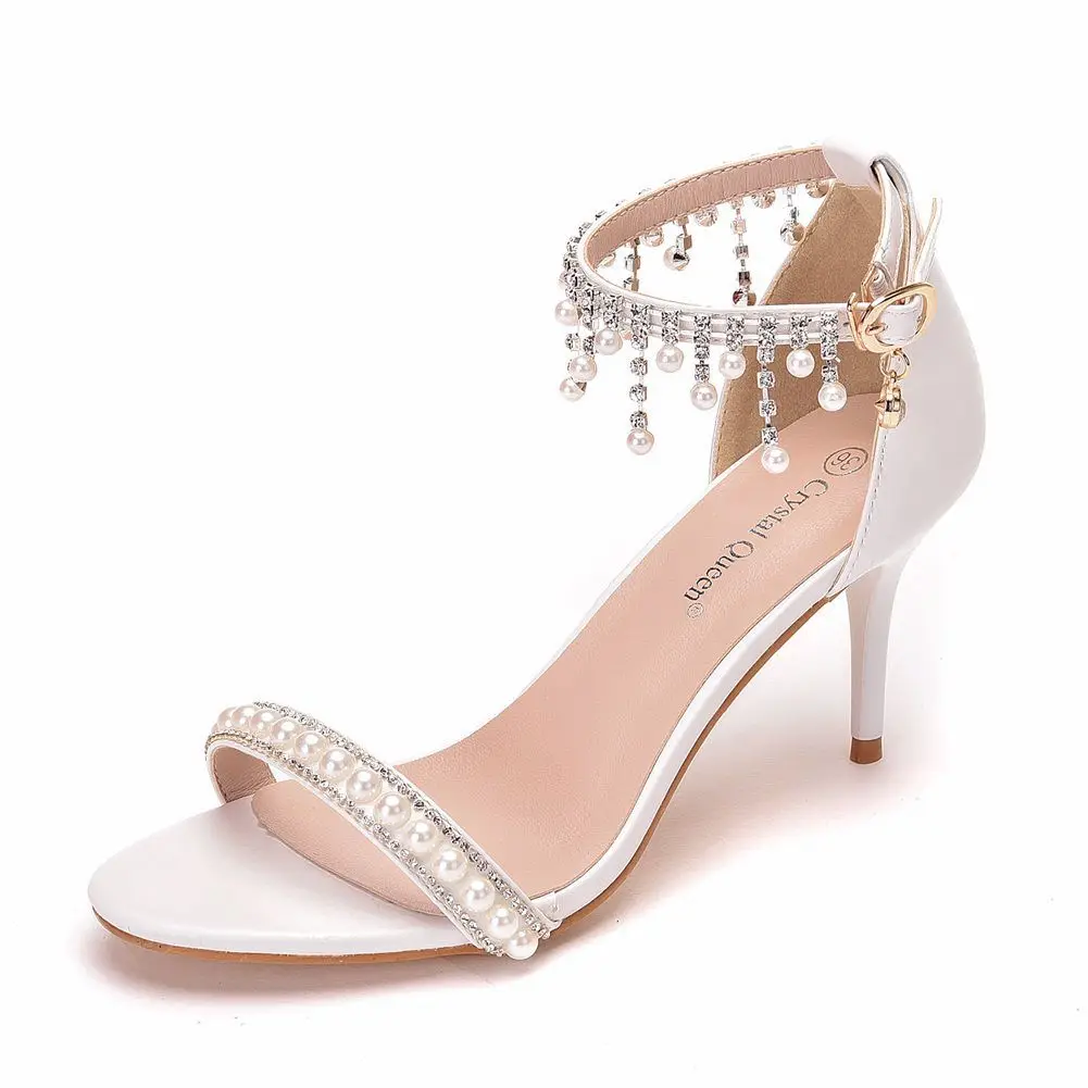 

7cm high heel sandals for women wedding fashion shoes white open toe pearl