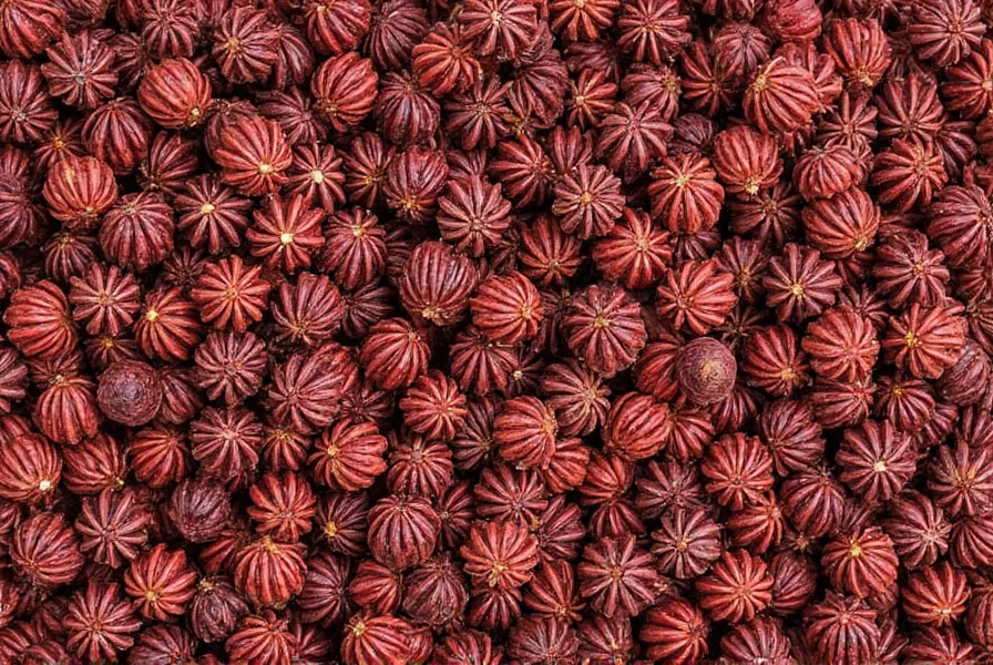 Whole star anise pods displayed in a glass jar next to ground star anise