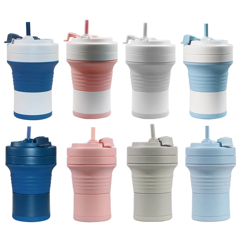 

550Ml Hook Reusable Cold Color Collapsible Travel Coffee Water Drinking Silicone Cups With Lids And Straws, Navy blue, light blue, pink, grey