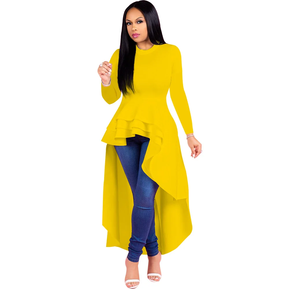 

Plus Size Peplum Top Women High Low Dress Ruffle Long Sleeve Tunic Shirt, As images showed