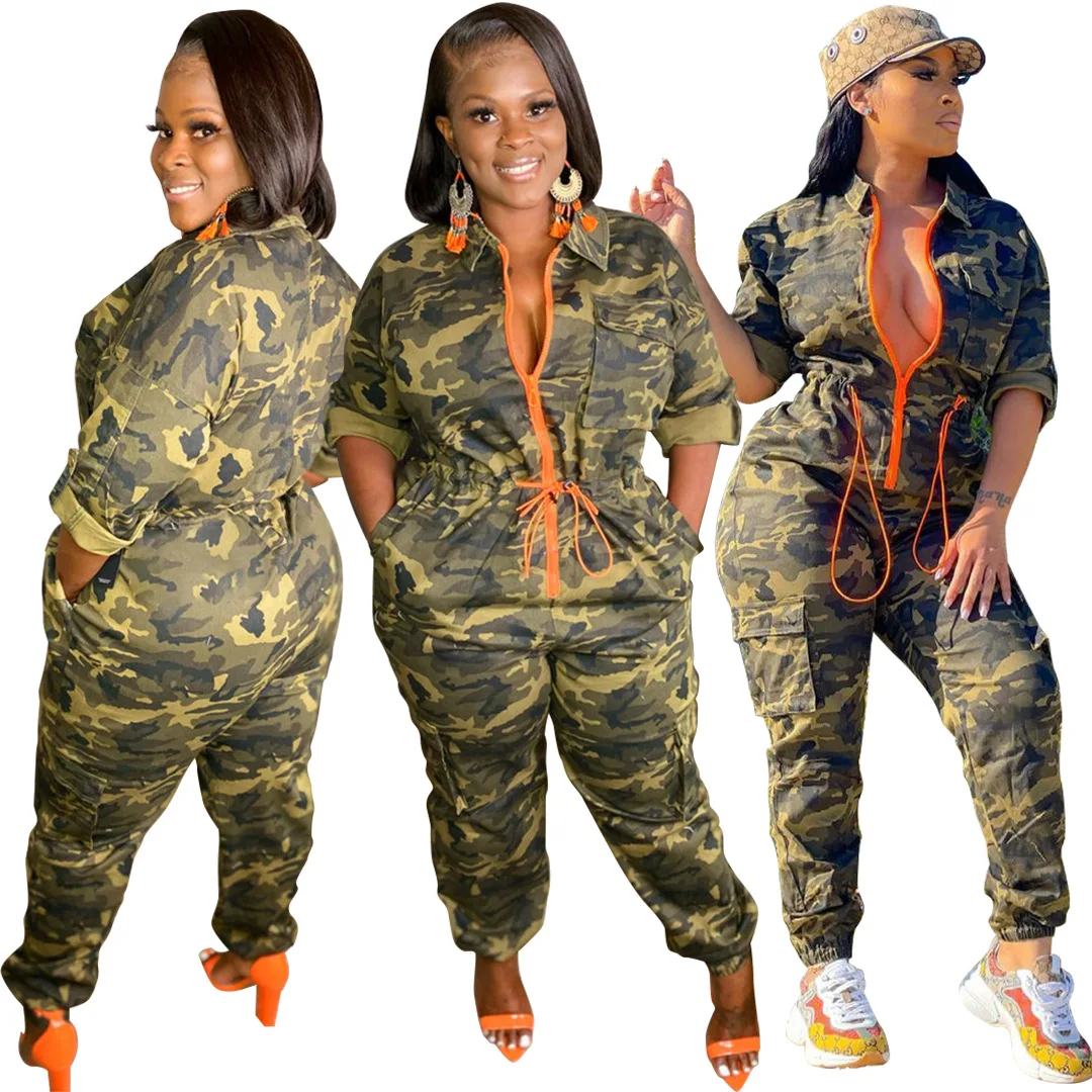 

2021 Fashionable Zipper camouflage Woven V-neck 5xl Plus Size Jumpsuit Women Fitness Playsuit Ladies Jumpsuit, As picture or customized make