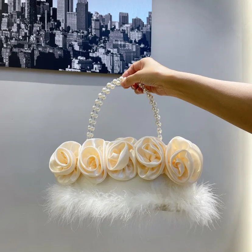 

Retro Furry Pearl Flower Evening Clutch Bags For Women Luxury Pearl Hand Held One Shoulder Underarm Wedding Dress Bags 2023