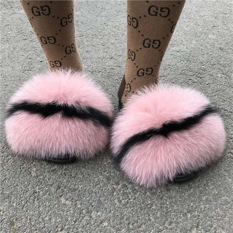 

Fluffy Fur Slides Slippers Real Fox Fur Slides, Customized color