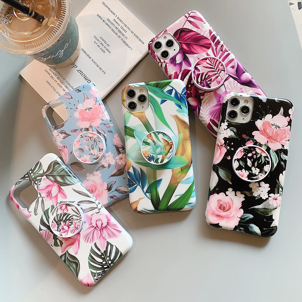 

Vintage Floral Leaf Stand Phone Case With Holder For iPhone 11 12 Pro Max XR X XS Max 7 8 6S Plus Case Soft IMD Phone Back Cover